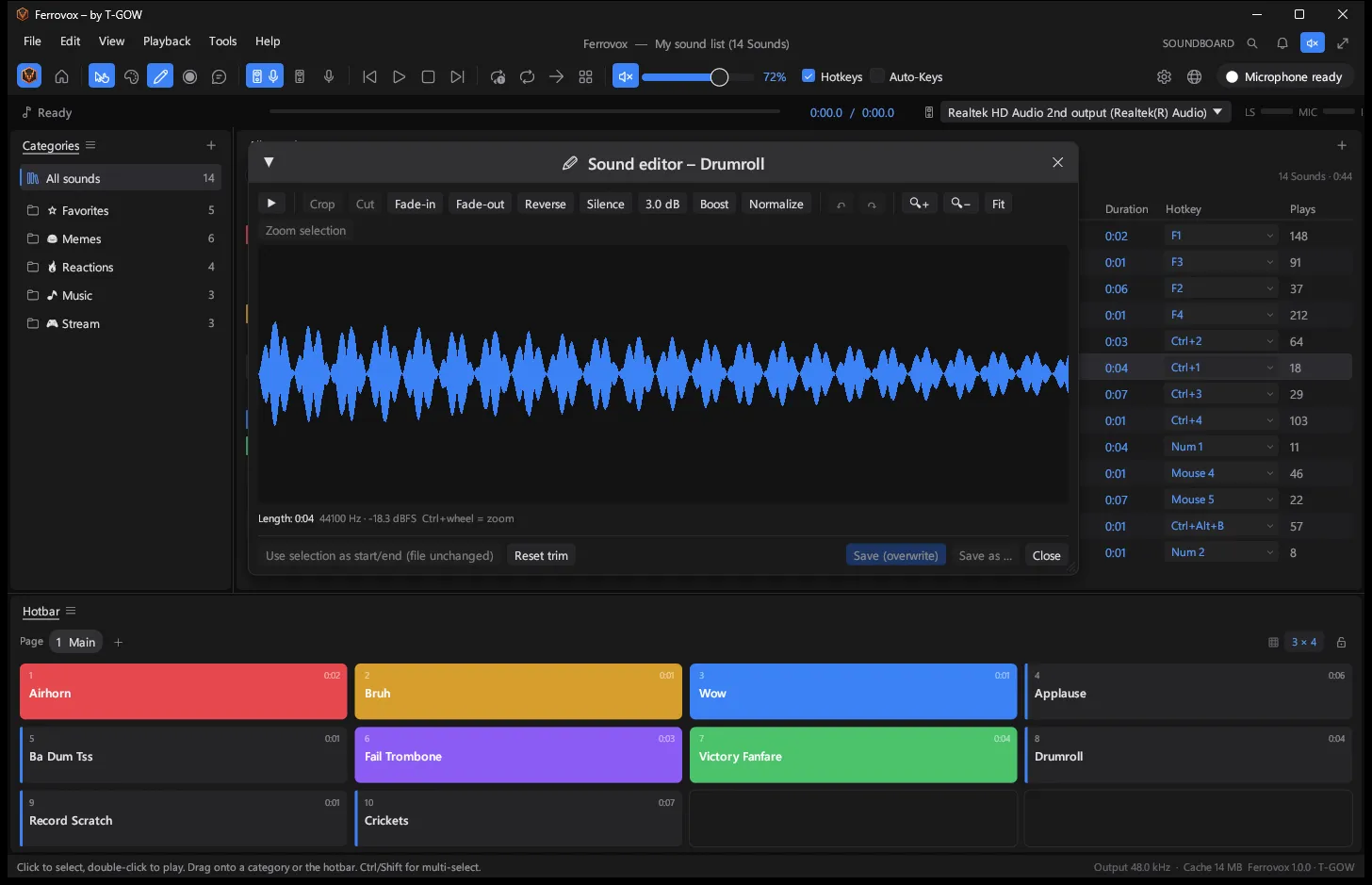 Der Sound-Editor mit der Wellenform eines Trommelwirbels und Werkzeugen zum Zuschneiden, Ausblenden und Normalisieren