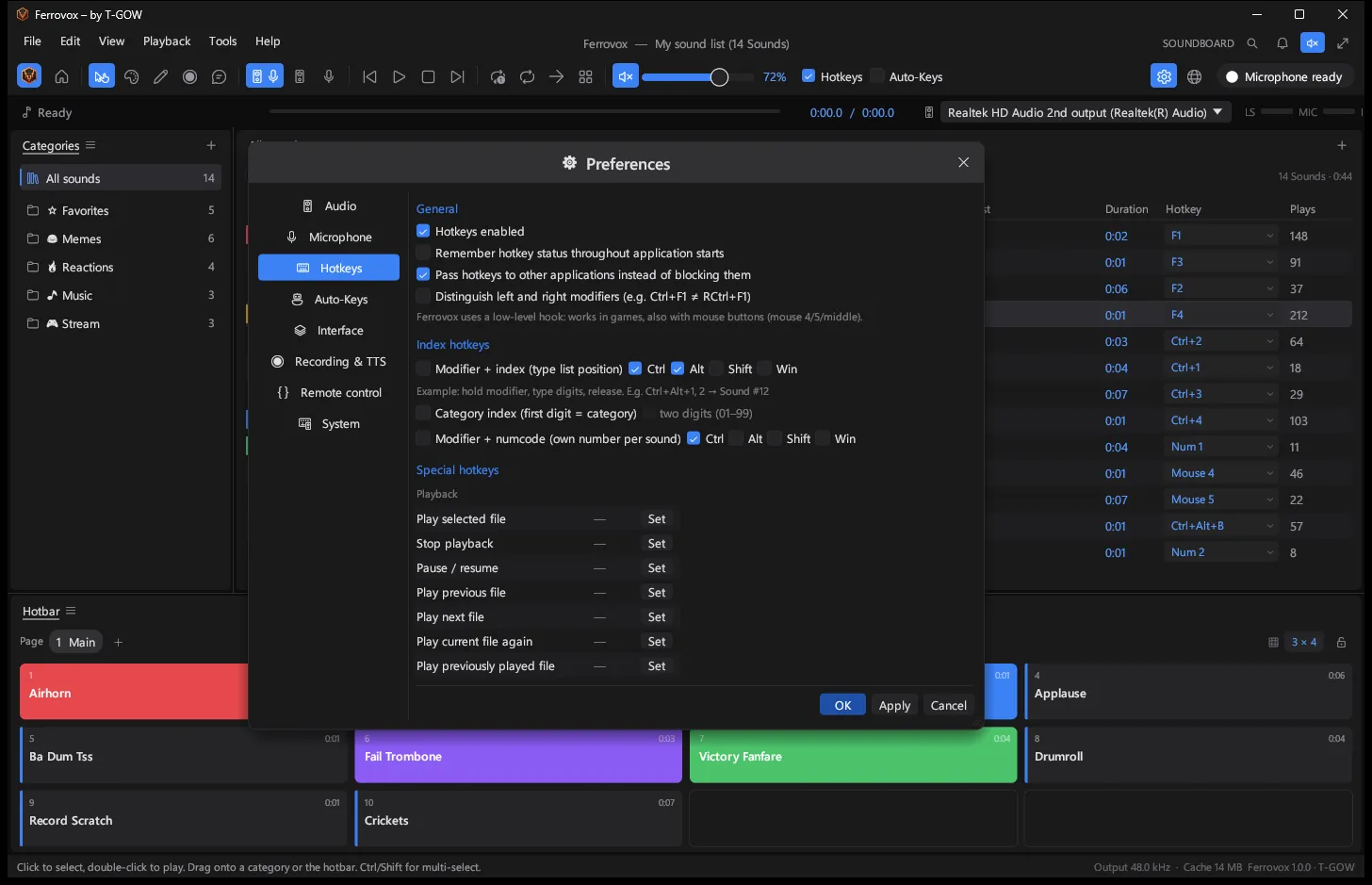 Einstellungen, Reiter Hotkeys: Index- und Nummern-Hotkeys mit Zusatztasten und eine Liste spezieller Hotkeys