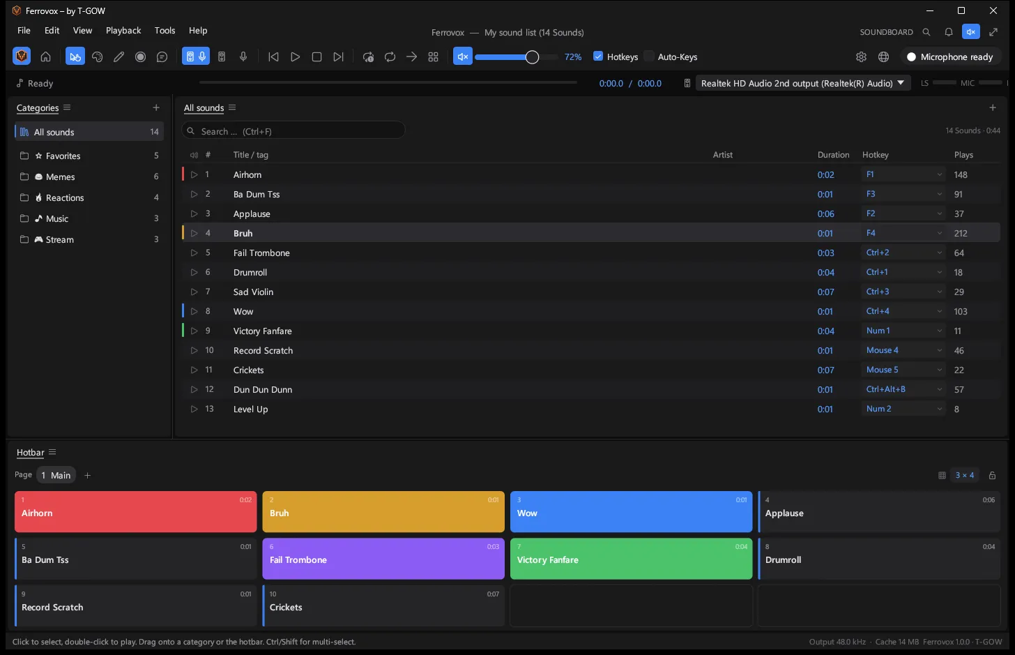 Ferrovox-Hauptfenster mit Kategorien links, einer Soundliste mit Hotkeys in der Mitte und einer farbigen Hotbar unten